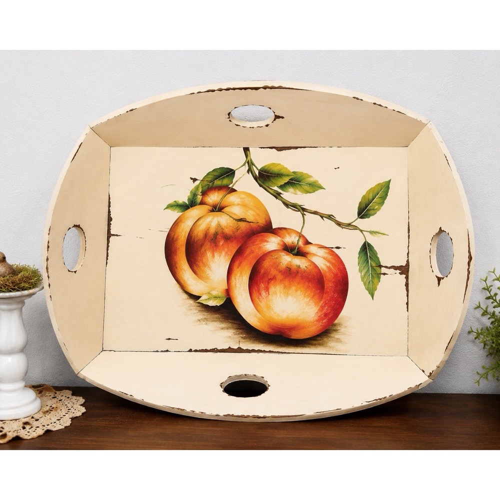 Bramble Homestead XL 4 Handle Serving Tray 23352 Solid Mahogany Peach Botanical